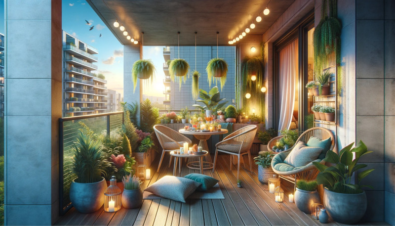 Výstup na požadavek úvodního obrázku na šířku ve fotorealistickém stylu ke článku o způsobech, jak si zvelebit balkon na léto.