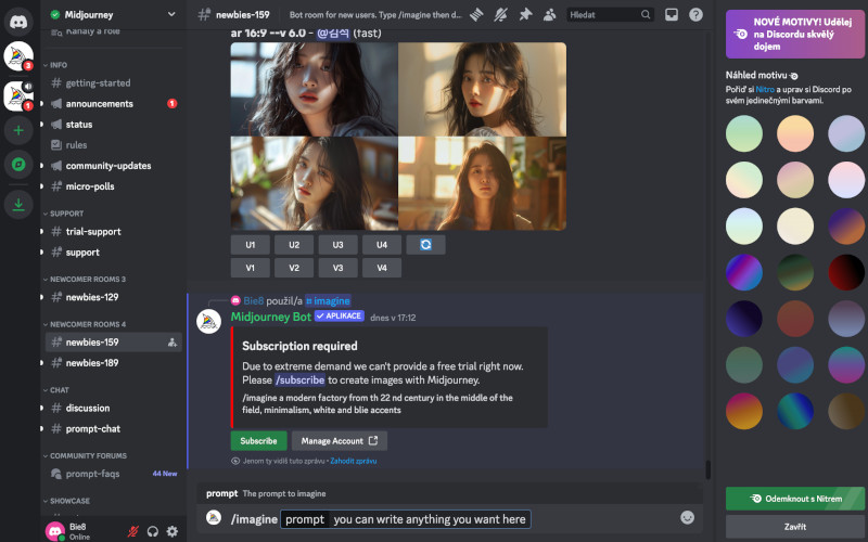 Rozhraní Midjourney v Discordu – příkazový řádek a upozornění na nutnost přihlášení k některému z tarifů (bez zaplaceného členství zůstává možnost generovat obrázky bohužel uzavřena a žádná možnost trial verze není momentálně k dispozici).